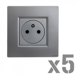 5 Prises 2P+T 16A affleurantes + 5 plaques gris alu
