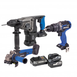 Pack Marteau Perforateur + Perceuse Visseuse + Meuleuse avec 2 batteries et un chargeur
