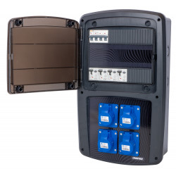 Coffret de camping alimentation triphasée avec 4 prises CEE 10A avec disjoncteurs différentiels